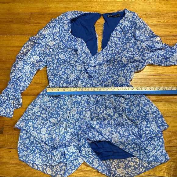ZARA Womens Long Sleeve Ruffle Romper One Piece Blue Floral Size M  V-neck(E5 - Picture 5 of 12